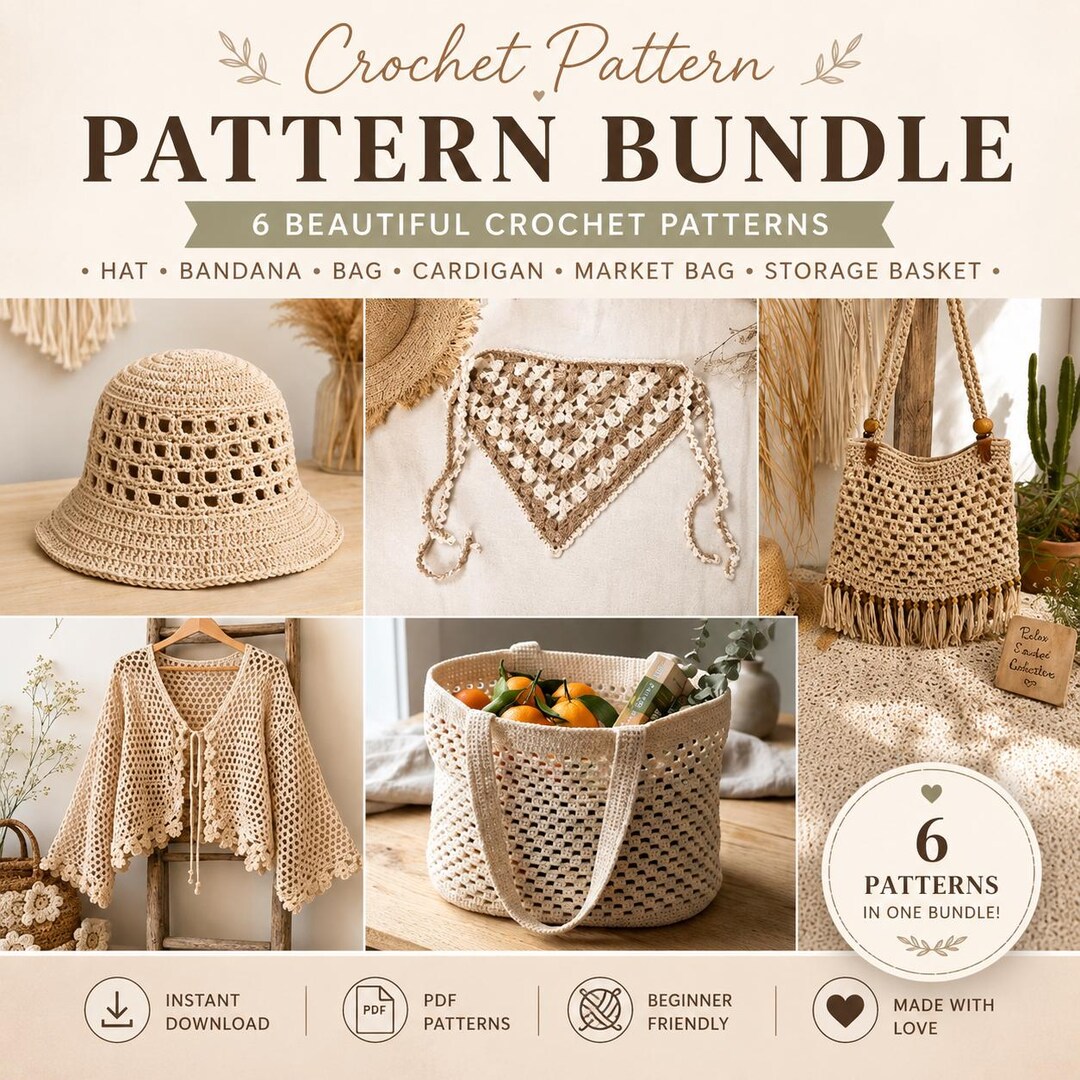 Boho Crochet Pattern Bundle | Hat, Bag, Cardigan, Bandana, Basket ...