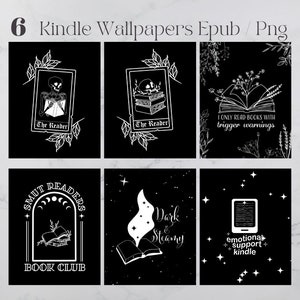 Puede incluir: Seis fondos de pantalla para Kindle en blanco y negro con varias ilustraciones con temática de libros. Las ilustraciones incluyen un esqueleto leyendo un libro, un libro con un cráneo en la parte superior, un libro con flores, un libro con una luna creciente, un libro con una llama y un lector electrónico Kindle con estrellas.