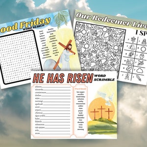 Christian Easter Activity Pages for Kids | He is Risen Printables | Scripture Coloring | Good Friday and Lent Activities