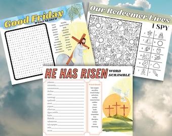 Pagine di attività pasquali cristiane: colorazione delle Scritture, giochi di parole (PDF)