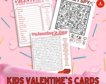 Printable Valentines Cards for Kids, Valentine Kids Classroom, Activity, Word Search,  Instant Download
