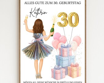 Cash gift for a woman's 30th birthday | Personalized gift | Gift idea for women | Last-minute gift craft template | Instant PDF download