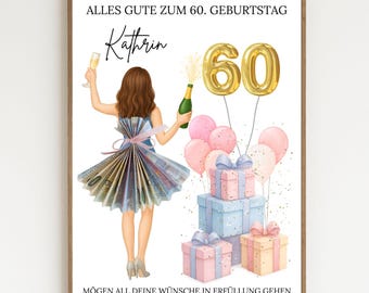Cash gift for a woman's 60th birthday | Original money wrapping idea | Gifting money for a birthday | Birthday card template | Instant download