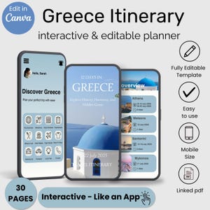 Modello Canva per itinerario in Grecia, guida di viaggio a Santorini, pianificatore di viaggio a Mykonos, modello di viaggio digitale