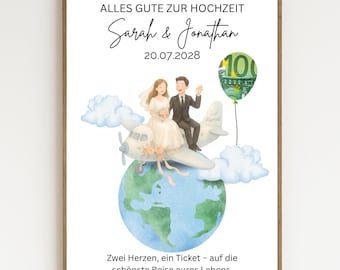 Personalized wedding cash gift | Honeymoon travel fund card | Wedding gift idea | Airplane | Digital template download