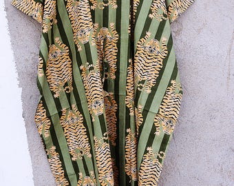 Hand Block Print Cotton Kaftan Dress: Indian Maxi Beach Cover Up