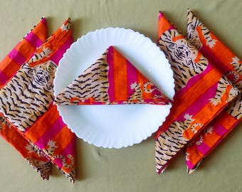 Juego de servilletas de algodón estampadas, decoración de comedor con estampado de bloques