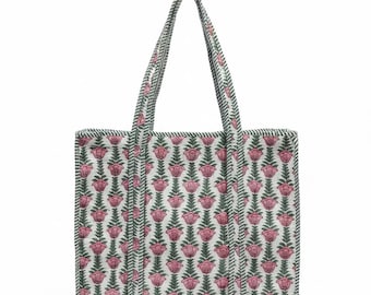 Hand Block Print Quilted Cotton Tote Bag, Large Boho Shoulder Bag (15"x18")