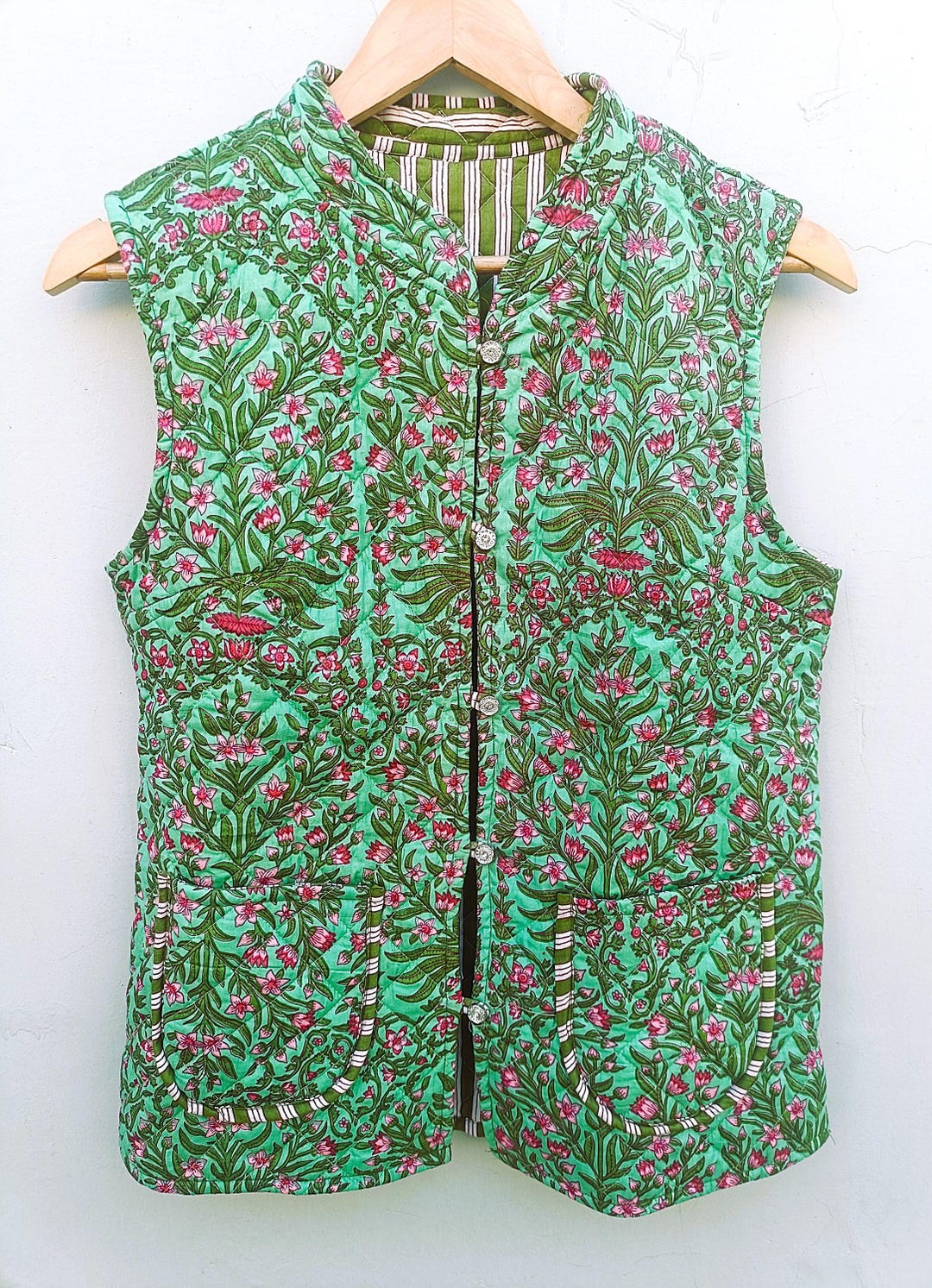 Reversible Indian Cotton Quilted Vest, Floral Block Print, Boho Jacket ...