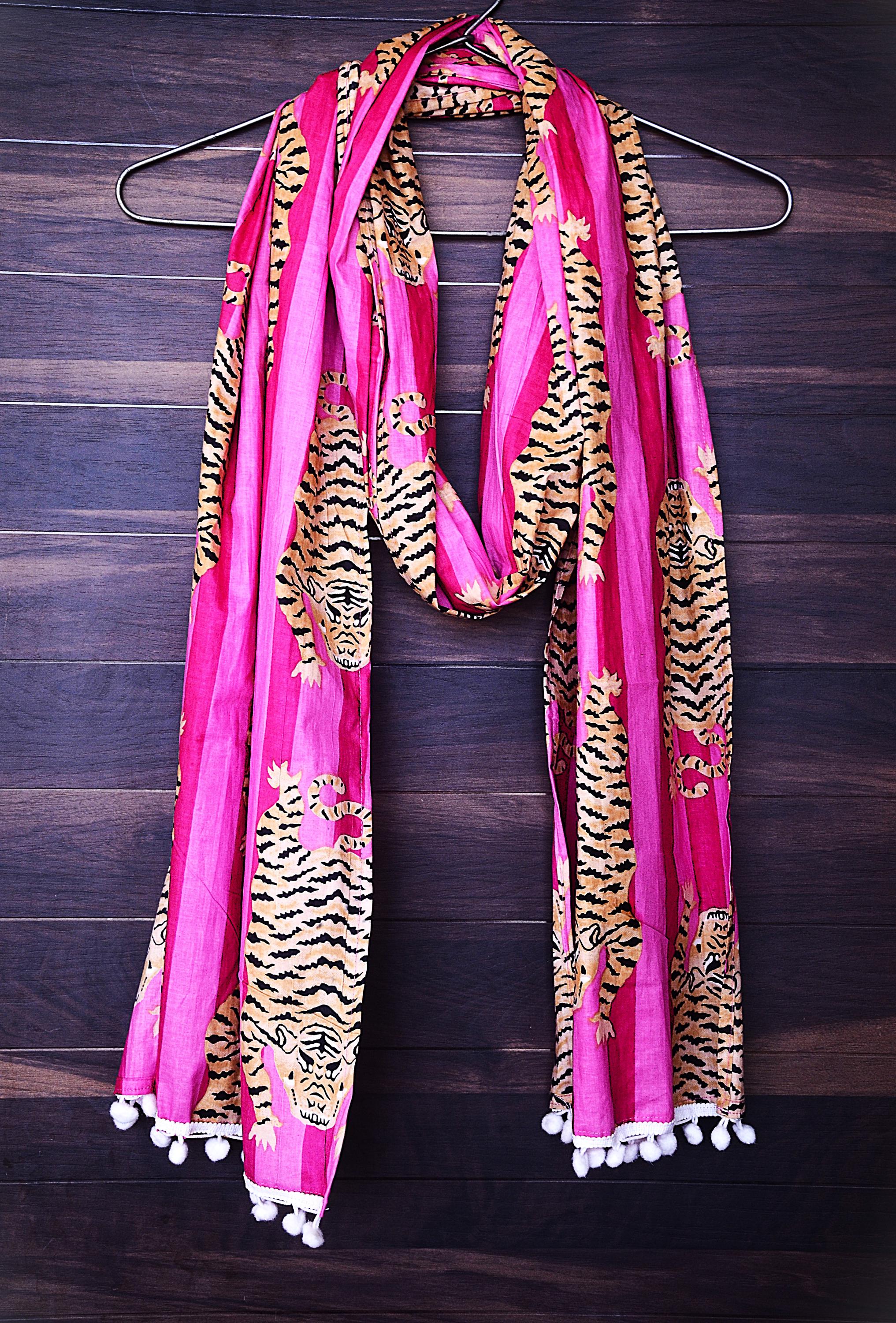 Tiger Print Cotton Scarf: Boho Beach Cover-Up with Pom Poms