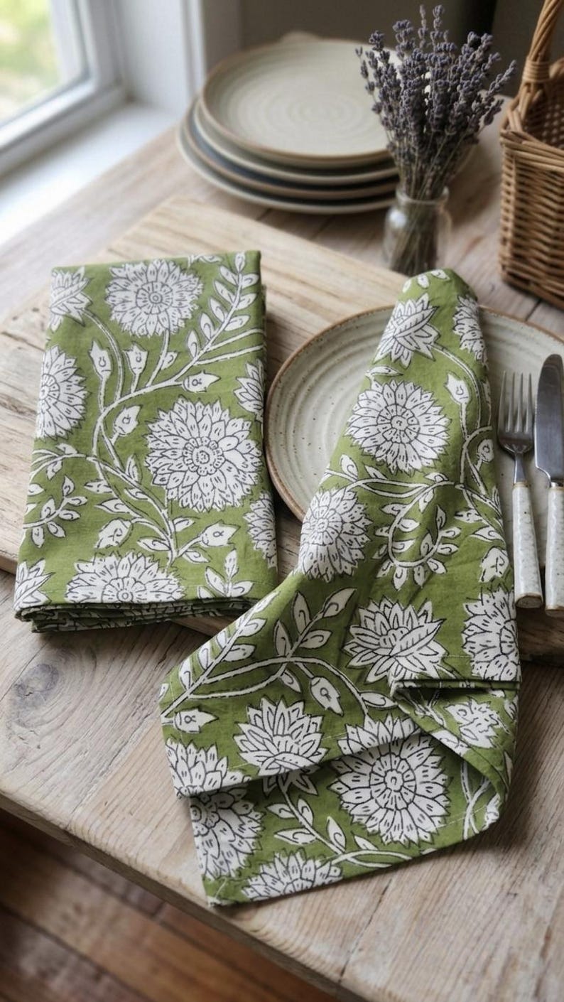 100Pcs Hand Block Print Cotton Napkins -White Floral Table Decor, Set of 100 image 3