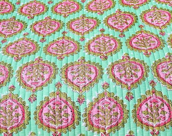 Handblock Cotton Quilted Fabric, 3-Layer Soft Quilt Material, By The Yard