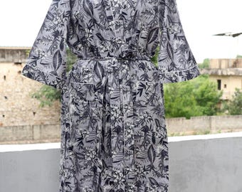 Hand Block Printed Cotton Kimono Robe: Indian Animal Print Cover Up