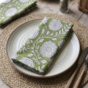 100Pcs Hand Block Print Cotton Napkins -White Floral Table Decor, Set of 100 image 1