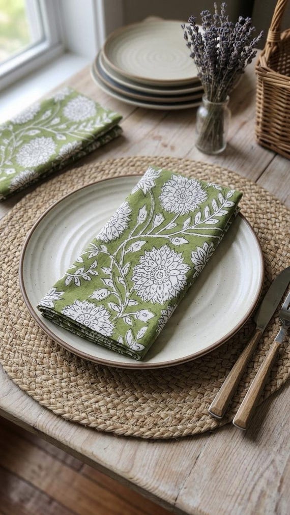 100Pcs Hand Block Print Cotton Napkins -White Floral Table Decor, Set of 100