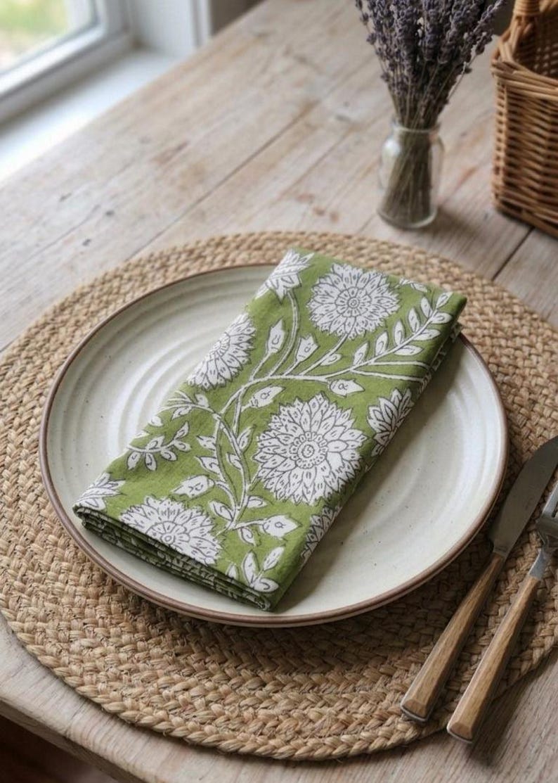 100Pcs Hand Block Print Cotton Napkins -White Floral Table Decor, Set of 100 image 5