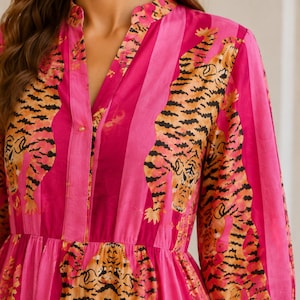 Woman Cotton Tiger Print Dress, Flared Midi, Masleen Fabric, Full Stitched image 3