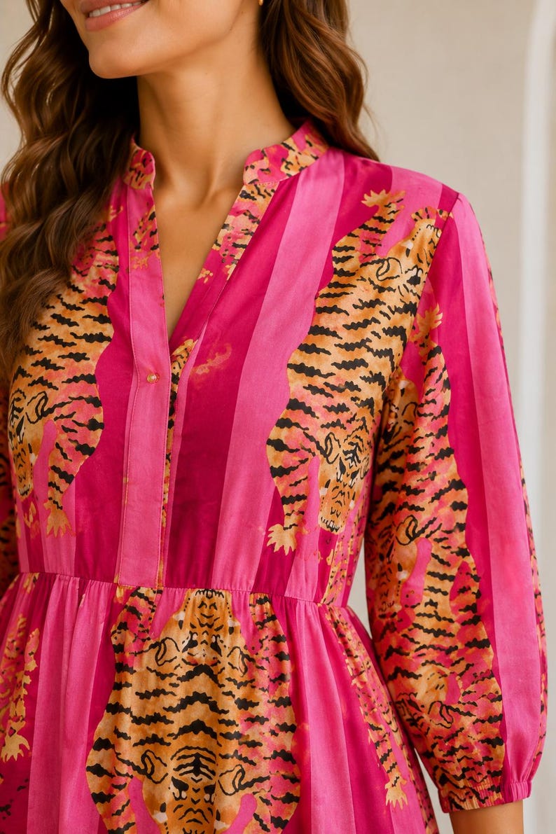 Woman Cotton Tiger Print Dress, Flared Midi, Masleen Fabric, Full Stitched image 3