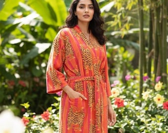 Tiger Print Velvet Kimono Robe: Boho Cotton Jacket