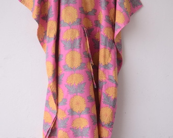 Pink Floral Cotton Kaftan Dress: Hand Block Print Beach Cover-Up