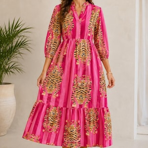 Woman Cotton Tiger Print Dress, Flared Midi, Masleen Fabric, Full Stitched image 1