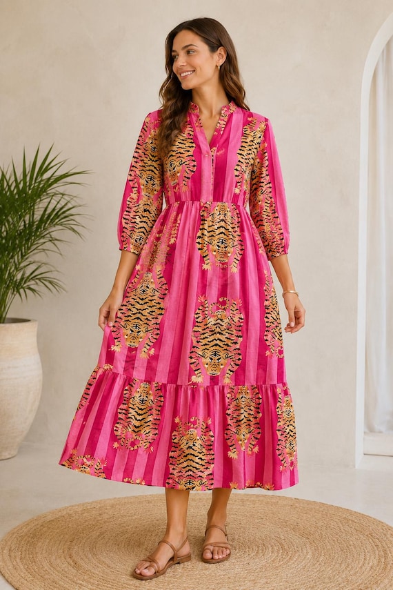 Woman Cotton Tiger Print Dress, Flared Midi, Masleen Fabric, Full Stitched