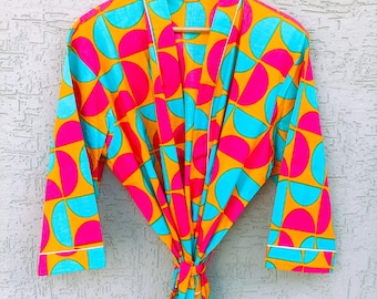 Kimono de algodón estampado: bata con estampado de bloques indios