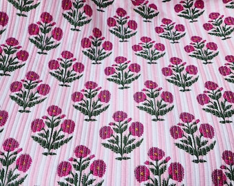 Handblock Floral Quilted Cotton Fabric, DIY Sewing Material by the Yard