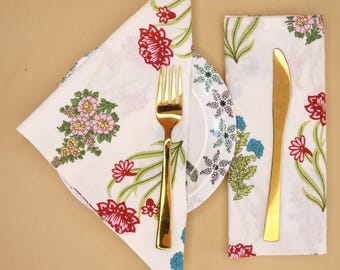 Handblock Cotton Napkins - White Floral Print, Reusable Dinner Napkins, Set of 100