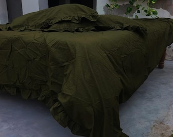 Dark Olive Green Linen Duvet Cover Set: Ruffled Pillowcases