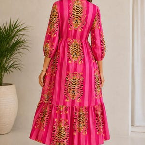 Woman Cotton Tiger Print Dress, Flared Midi, Masleen Fabric, Full Stitched image 4