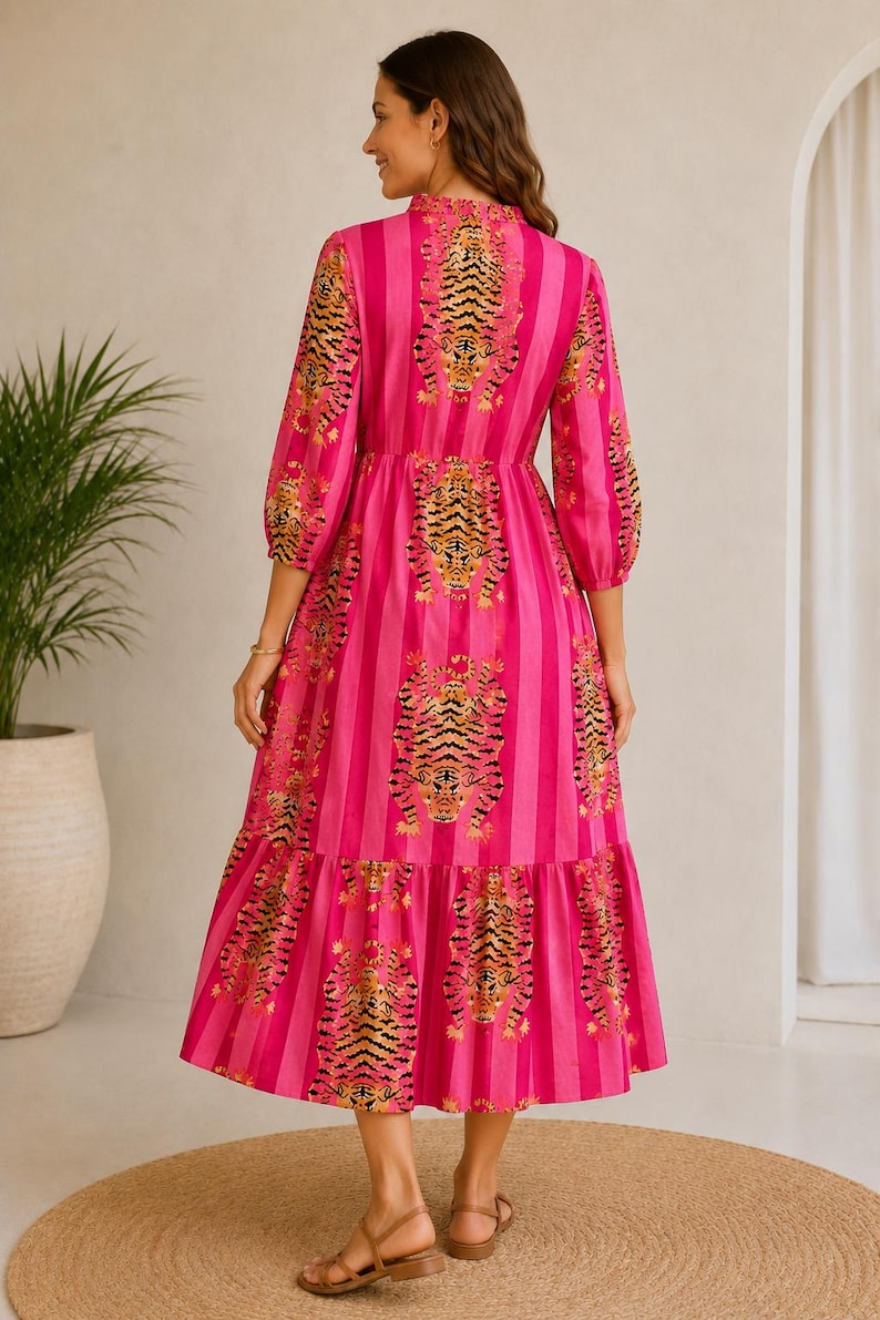 Woman Cotton Tiger Print Dress, Flared Midi, Masleen Fabric, Full Stitched image 4