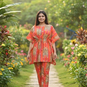 Cotton Kaftan With Pant 2pcs Set: Tiger Print Lounge Set
