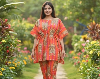 Cotton Kaftan With Pant 2pcs Set: Tiger Print Lounge Set