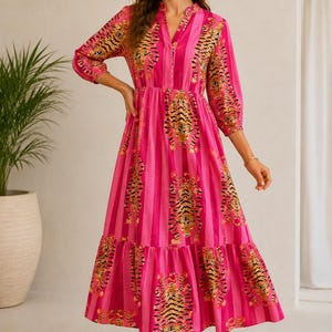 Woman Cotton Tiger Print Dress, Flared Midi, Masleen Fabric, Full Stitched image 6