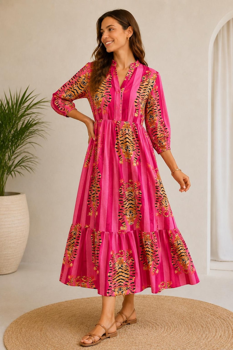 Woman Cotton Tiger Print Dress, Flared Midi, Masleen Fabric, Full Stitched image 6