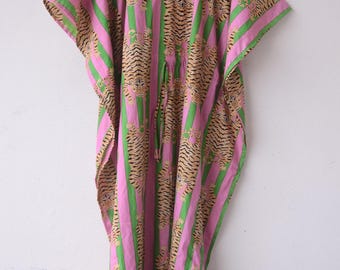 Pink Cotton Printed Kaftan Dress: Indian Handblock Beach Cover Up