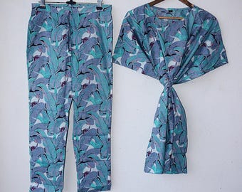 Handmade Cotton Kaftan Pajama Set: Tropical Print Loungewear