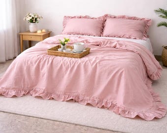 Blush Pink Ruffle Duvet Cover Set, 100% Cotton, Shabby Chic Bedding, Pastel Bedding