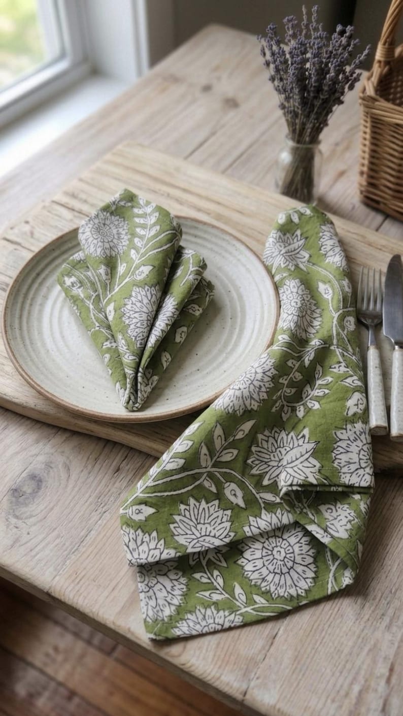 100Pcs Hand Block Print Cotton Napkins -White Floral Table Decor, Set of 100 image 2