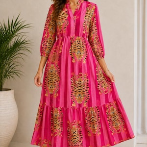 Woman Cotton Tiger Print Dress, Flared Midi, Masleen Fabric, Full Stitched image 2