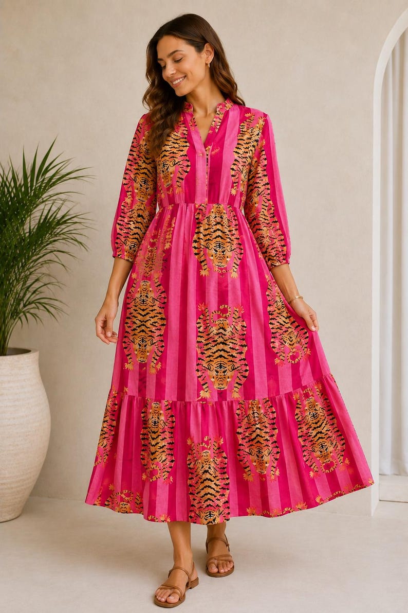 Woman Cotton Tiger Print Dress, Flared Midi, Masleen Fabric, Full Stitched image 2
