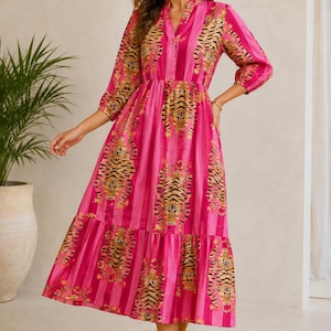 Woman Cotton Tiger Print Dress, Flared Midi, Masleen Fabric, Full Stitched image 5