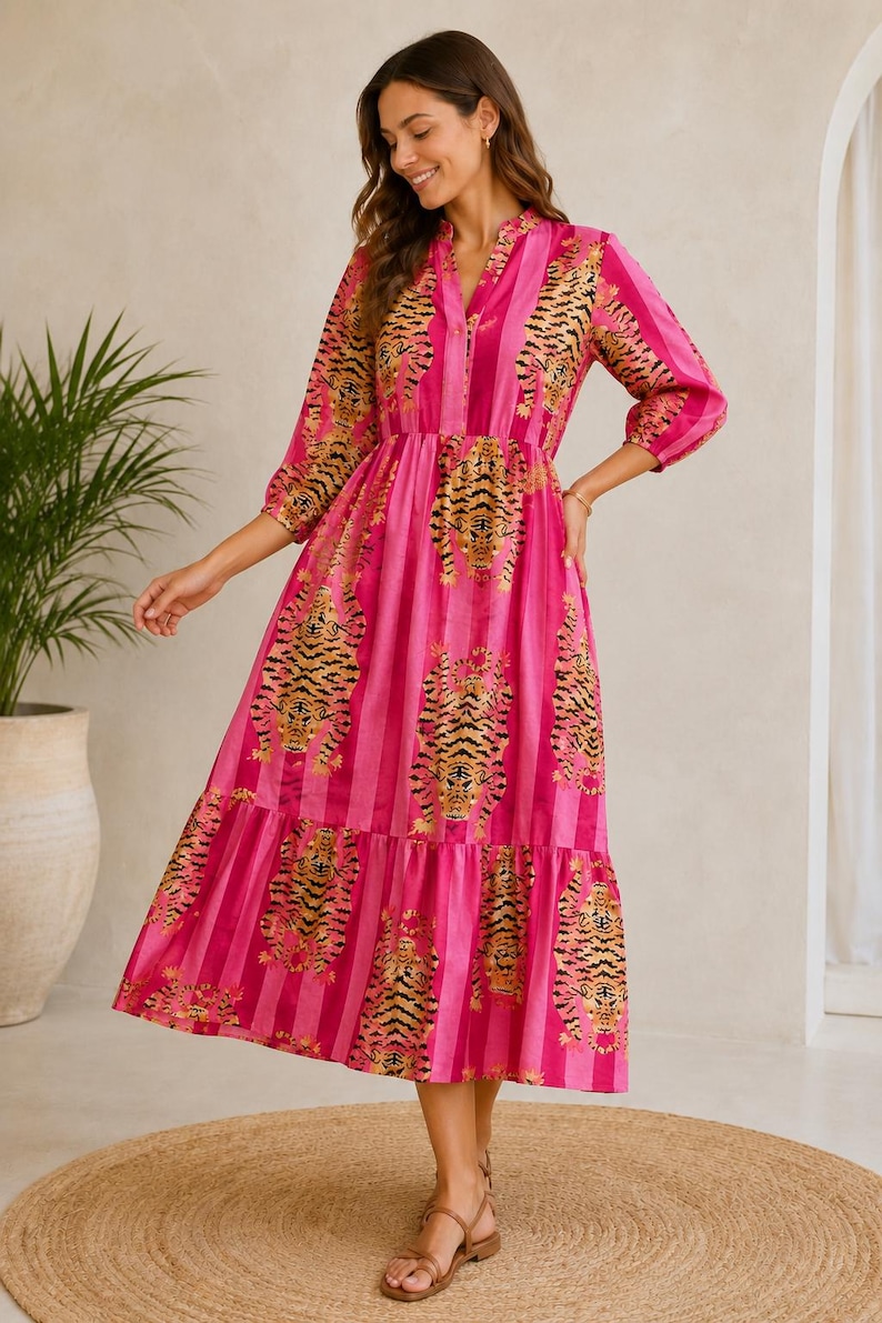 Woman Cotton Tiger Print Dress, Flared Midi, Masleen Fabric, Full Stitched image 5
