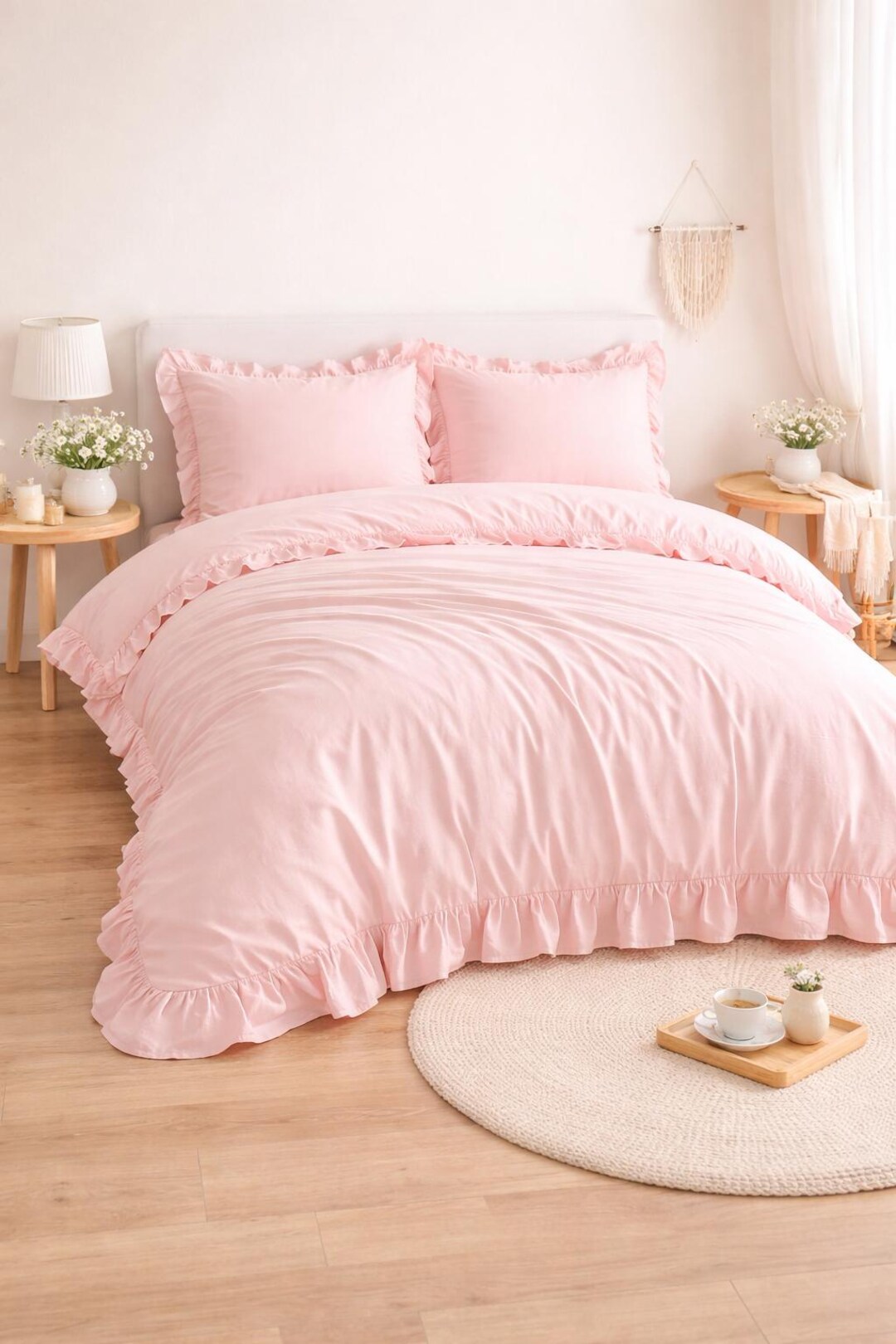 Pink Color Ruffle Cotton Duvet Cover Set, Minimalist Soft Bedding ...