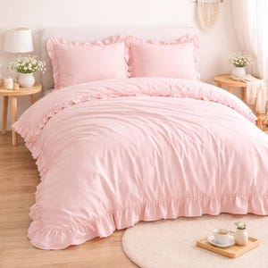 Pink Color Ruffle Cotton Duvet Cover Set, Minimalist Soft Bedding, Modern Bedroom Decor