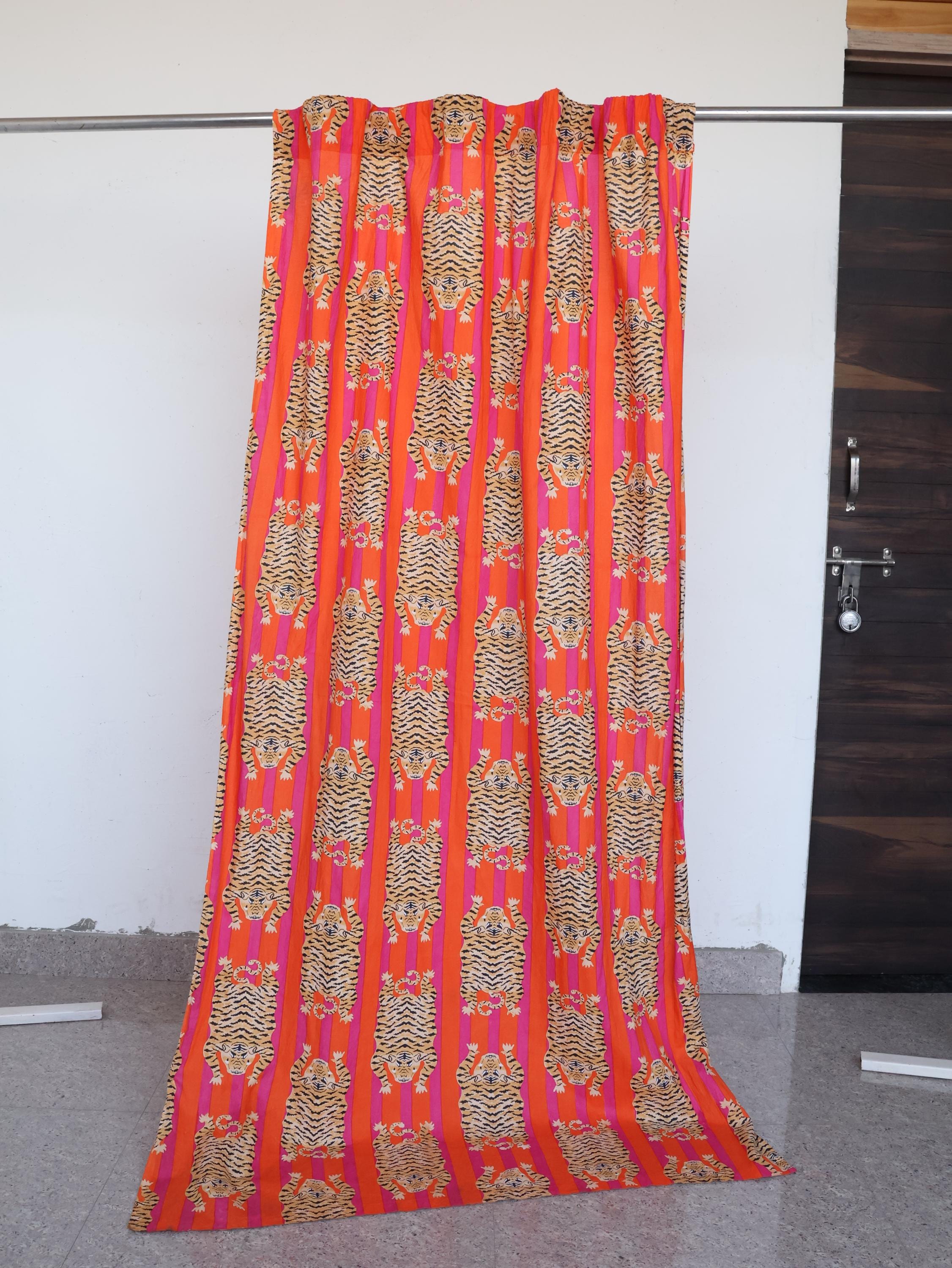 Indian Cotton Curtain Set: Tiger Print Bohemian Window Panels
