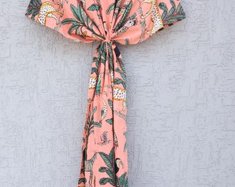 Vestido caftán de algodón con estampado de jungla: prenda playera india
