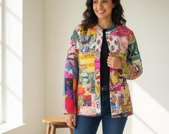 Handmade Printed Patchwork Jacket,Cotton Quilted  Jacket,Vintage Peach New Styal  Woman Coat