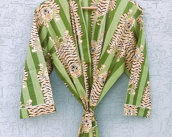 Printed Cotton Kimono Robe: Indian Green Tiger Print Cover Up